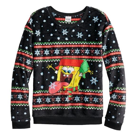 NWT SpongeBob Christmas Catching Snowflake Sweatshirt Juniors size Small - Picture 1 of 6